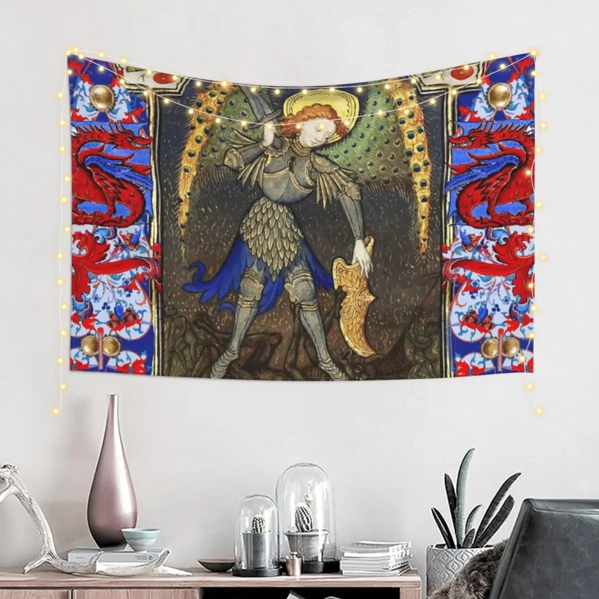 ST. MICHAEL ARCHANGEL COMBATTING DEVIL AND RED DRAGONS Medieval Miniature Tapestry Cute Decor Art Mural Tapestry