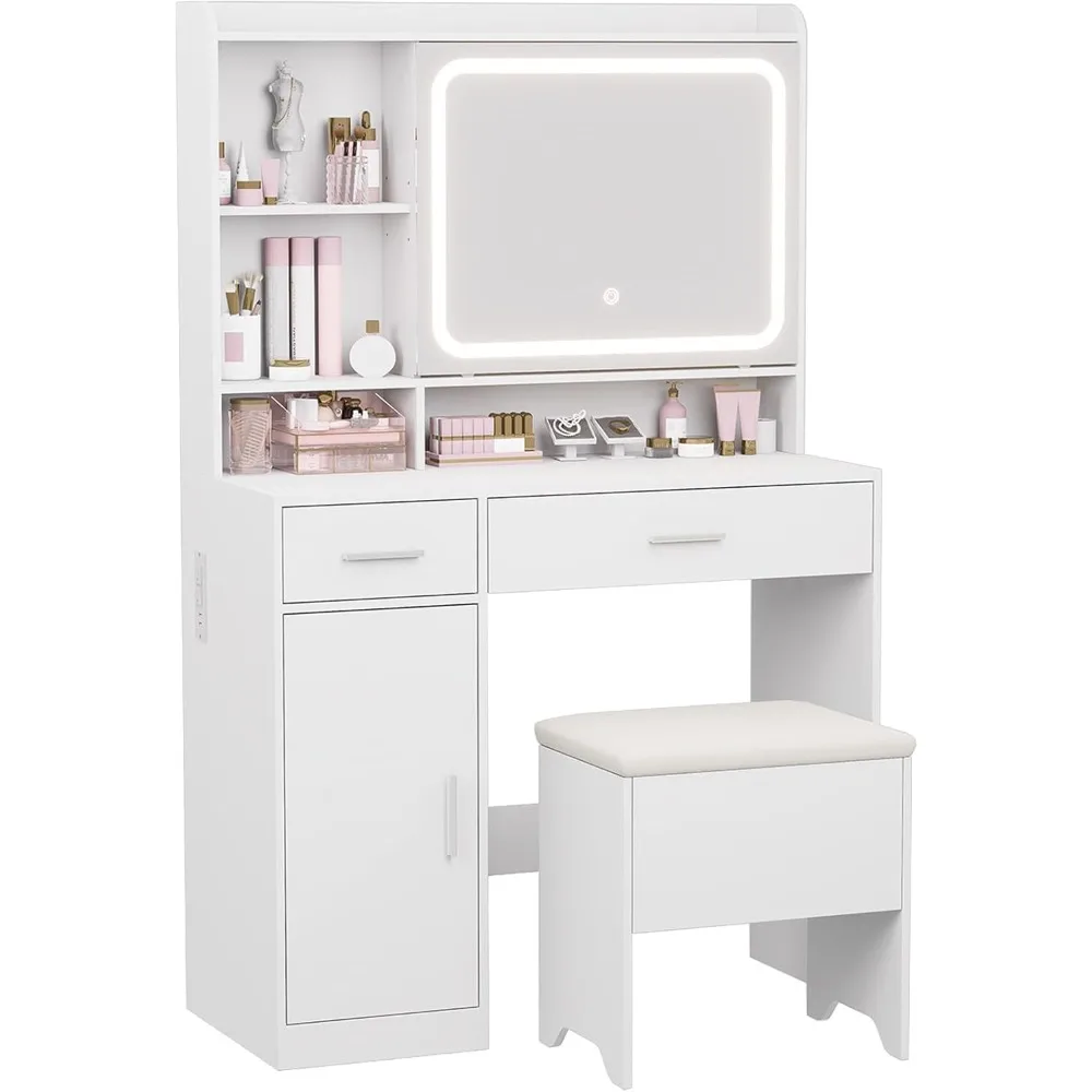 مكتب زينة مع مرآة منزلقة ومنافذ طاقة - إضاءة LED قابلة للتعتيم، 4 أرفف مفتوحة، درجين، خزانة تخزين واحدة وشارع مبطن