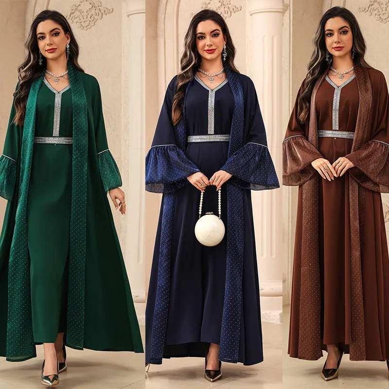 

Modest Kaftan Dresses Rhinestone Beaded Ruffle Sleeve Islamic Clothing Abayas Women Muslim Dress Dubai Jalabiya for Women