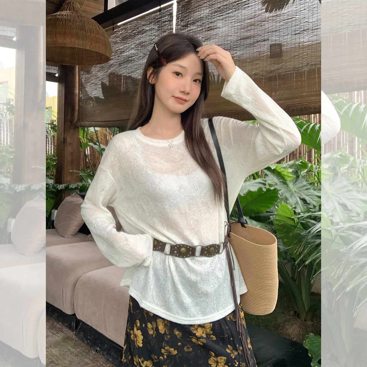 

Korean Style Jacquard Texture Off-Shoulder Round Neck Long Sleeve Blouse for Women 2025 Summer New Slightly Sheer Thin Top