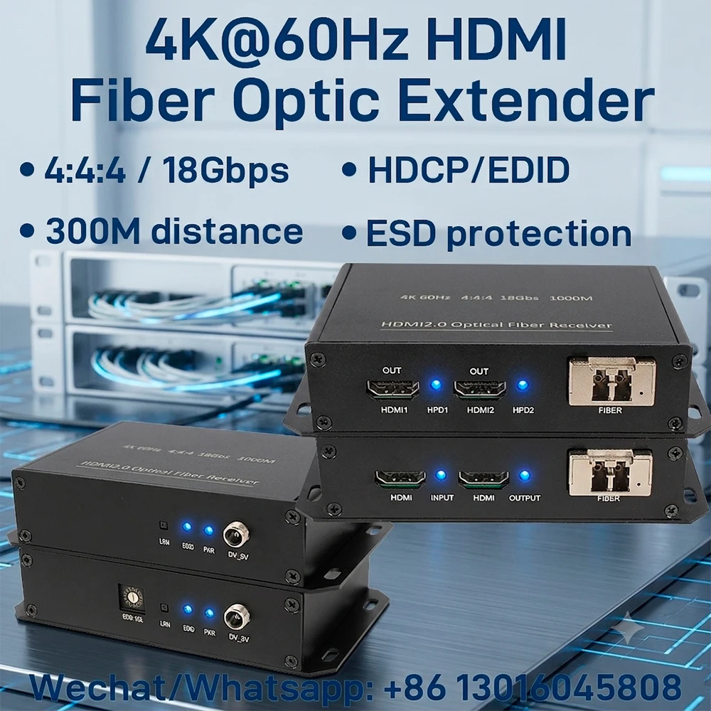 4K@60Hz HDMI 2.0 Fiber Optic Extender, 18Gbps Over OM3/OM4 to 300M in Multi-Mode, HDCP/DDC/CEC Pass-through, Plug & Play