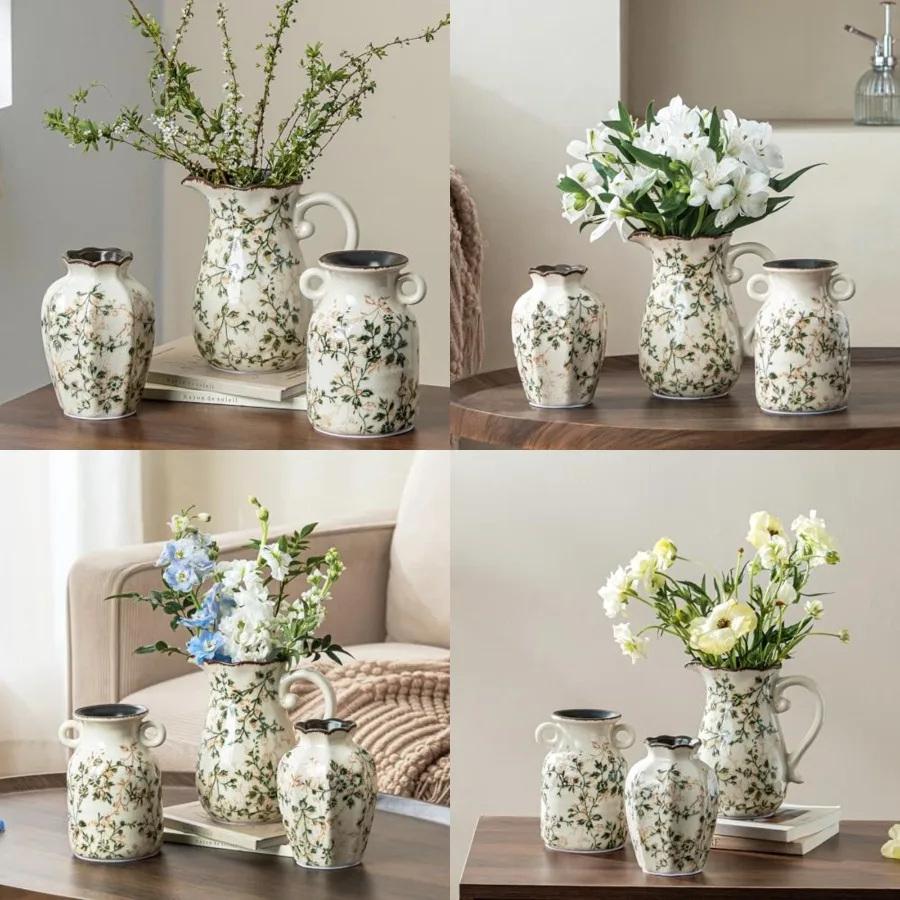

Ceramic Vase Set of 3, Green Chinoiserie Floral Pitcher Vases, Vintage Farmhouse Decor for Mantel, Fireplace, Kitchen Counter,