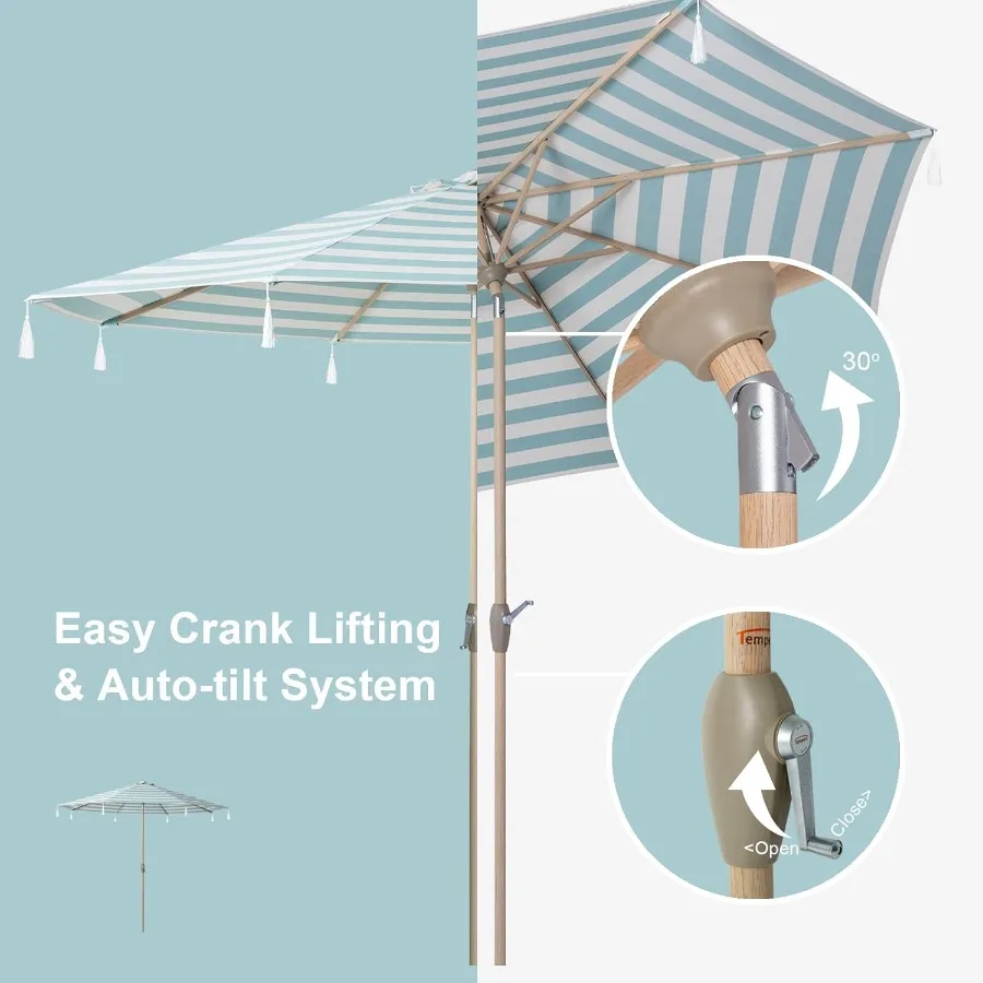 Striped Patio Umbrellas for Outdoor Table Use with Crank and Push Button Tilt Mechanism AutoTilt Feature 8 Steel Ribs Durable H