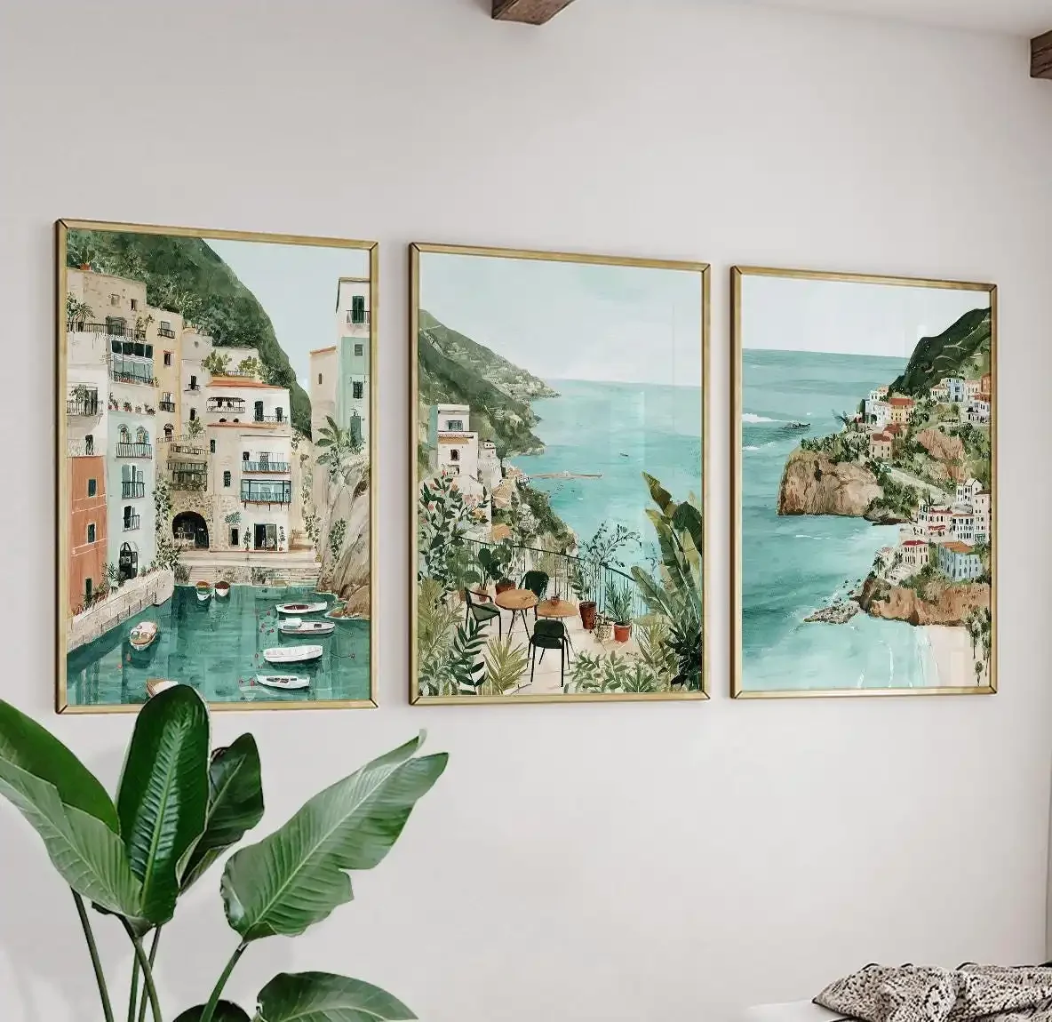 Multiple sizes 3pcs frameless Canvas Painting Watercolor Amalfi Coast Canvas Prints, Mediterranean Coastal Village Wall Art, Neu
