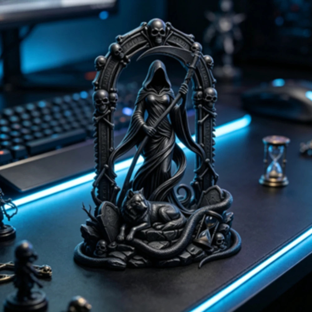 Gothic Arch Female Grim Reaper Statue 3D Print Mystery Arch Skull Sculpture Wolf Snake Desk Ornament Halloween Decor Collectible
