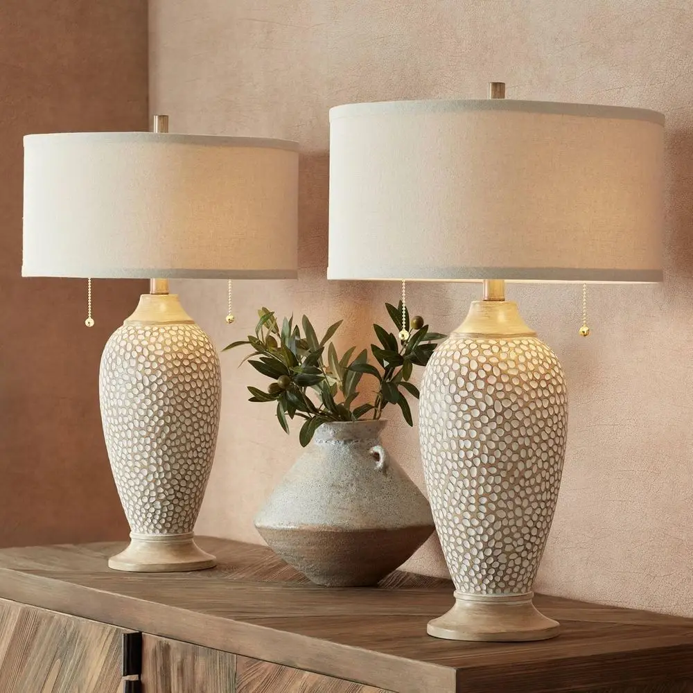 

Rustic Armhouse Table Lamps Set of 2, 24.5 Tall, Beige Textured Pebble Drum Shade, Suitable for Cottage Core, Bedroom, Living Ro