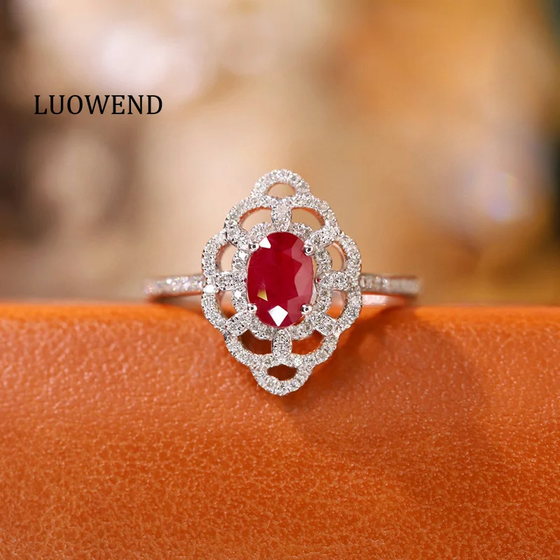 

LUOWEND 18K White Gold Rings Vintage Geometric Design Natural Diamond Natural Ruby Engagement Ring for Women High Party Jewelry