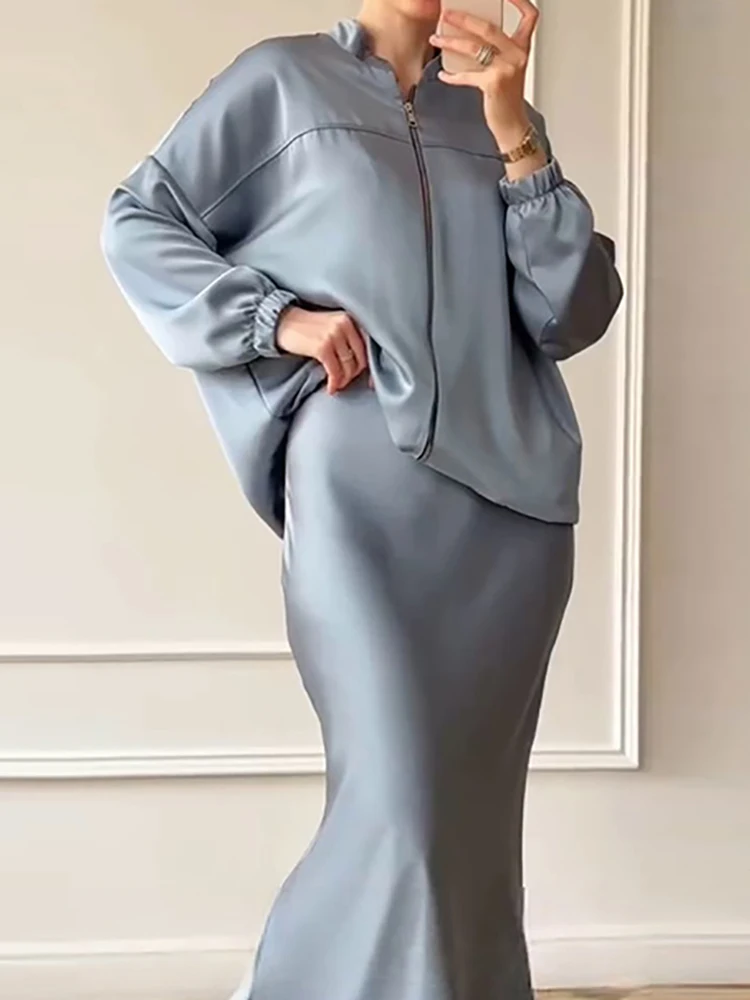 우아한 여성용 솔리드 슬림 투피스 세트 패션 하이웨이스트 스커트 세트 캐주얼 스탠드 칼라 긴팔 지퍼 코트&하프 스커트 세트