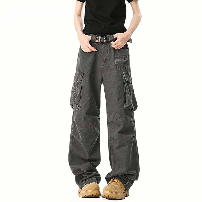 

Retro American Sle Men's Casual Pants Spring Autumn Multi-ket Design Work Trousers Loose Fit mid Waist Long Cotton