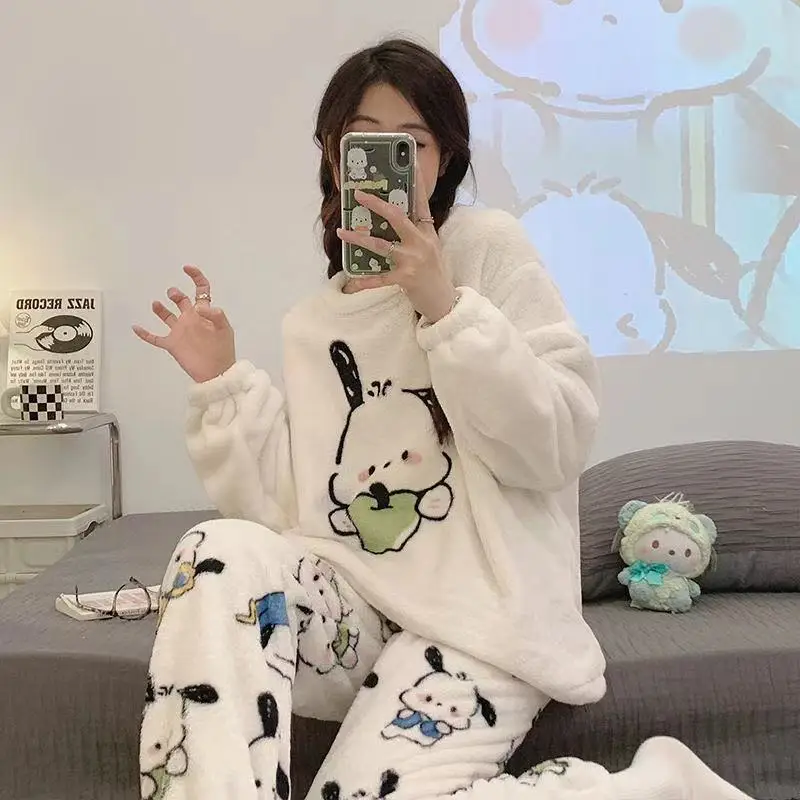 New Sanrio Sleepwear Pochacco Kawaii Winter Women Thicken Warm Plush Cute Cartoon Home Suit Lounge Wear Long Sleeve Y2k Clothes