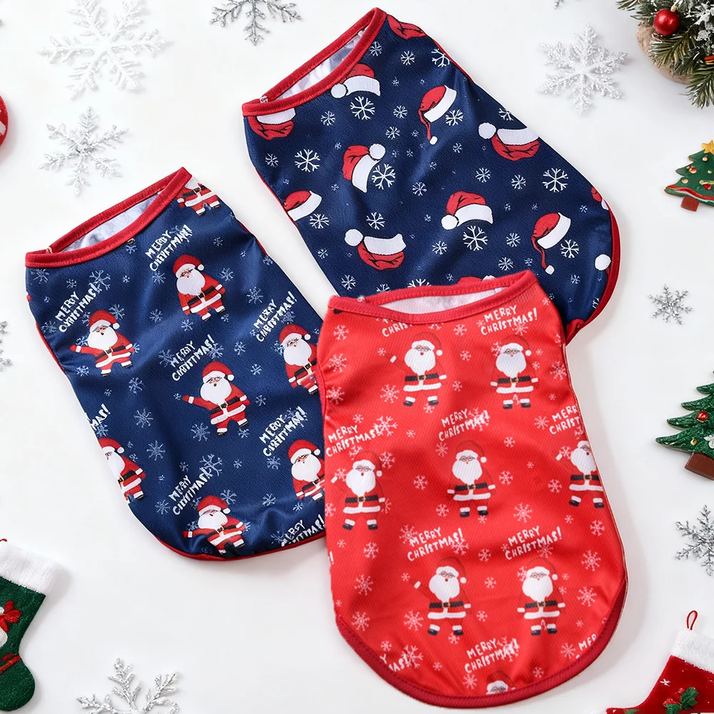 Atmungsaktive Hundeweste für Weihnachten, Weihnachtsmann-Aufdruck, weiches Welpen-T-Shirt für kleine und mittelgroße Hunde, Katzen, niedliche Party-Yorkshire-Outfits