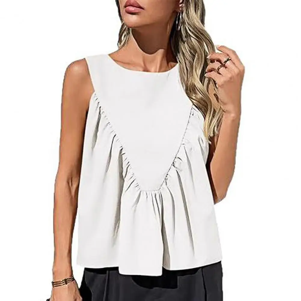 Canottiera da donna Camicia stile casual per pendolari Top Camicetta tinta unita Vestibilità ampia Girocollo senza maniche Canotte a pieghe Commer
