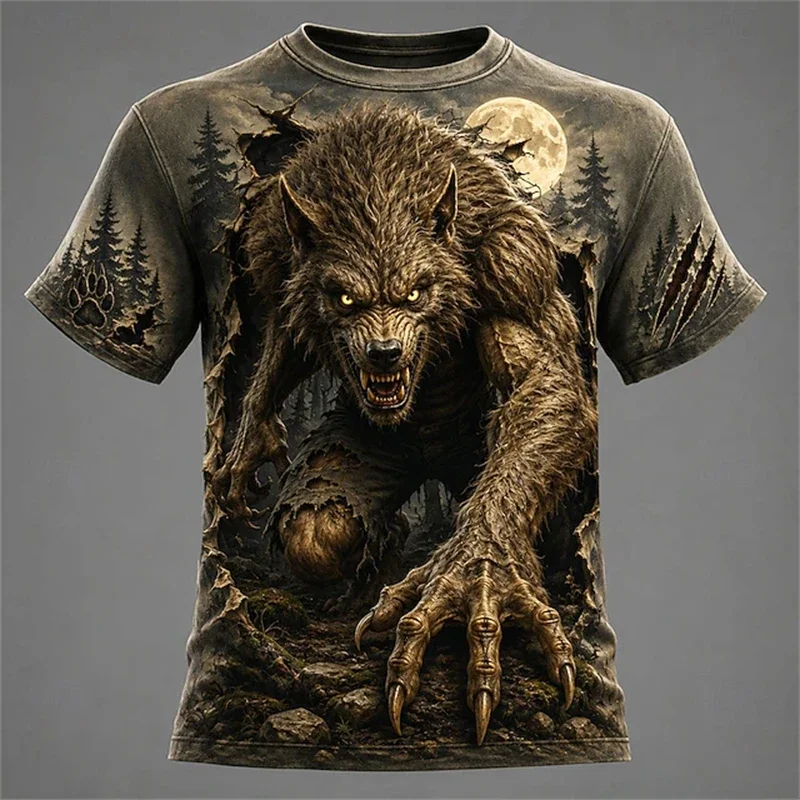 Halloween Spooky Werewolf Print Short-Sleeve T-Shirt Fashionable Trendy Streetwear Men's T-shirt Family Party Outfit Y2k Clothes