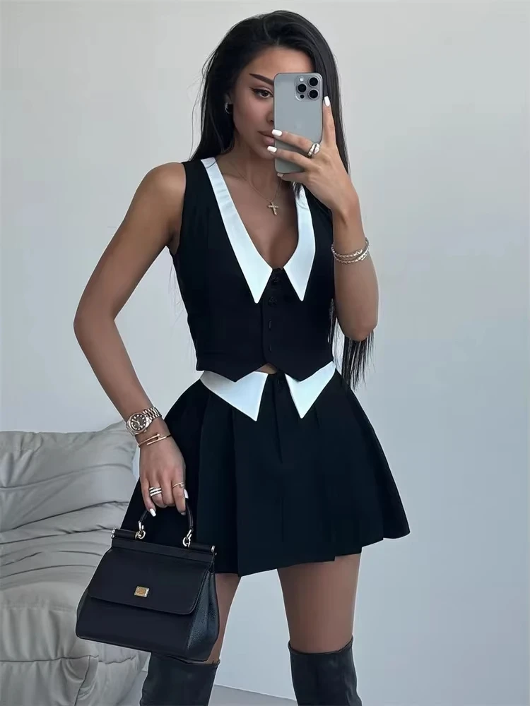 

Summer Sexy 2 Piece-Set Skirt Female 2025 V-Neck Sleeveless Vestidos And High Waist Pleated Skirts Sets Women's Clothes