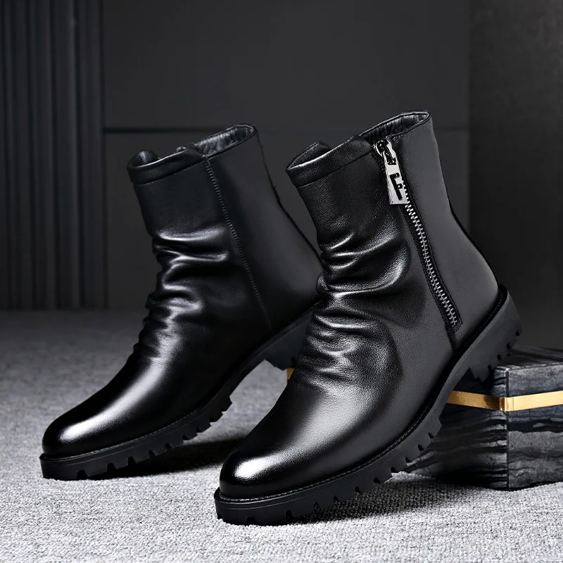 Mens Fashion Motorcycle Boots Mens Mid Top Winter Vintage Plush Warm Soft Leather High Top British Side Zipper Chelsea Boots