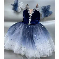 Tutú largo azul para adultos, traje profesional de Ballet del lago de los cisnes blancos, vestidos de Ballet, Ropa de baile de rendimiento, Top de terciopelo