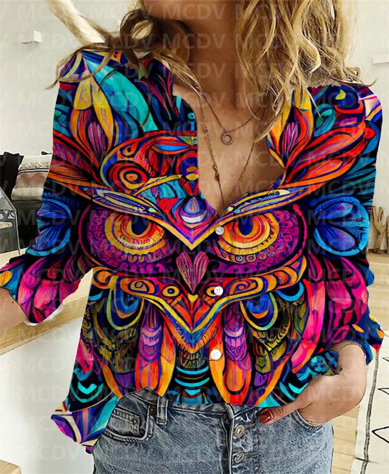 

Women Linen Shirt Owl Women's Casual Shirt 3D Printed Button-down Shirt Casual Unique Streewear 10 Style 02