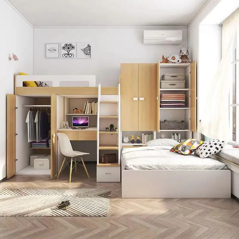 Multifunctional combo space-saving storage bunk bed with wardrobe and desk