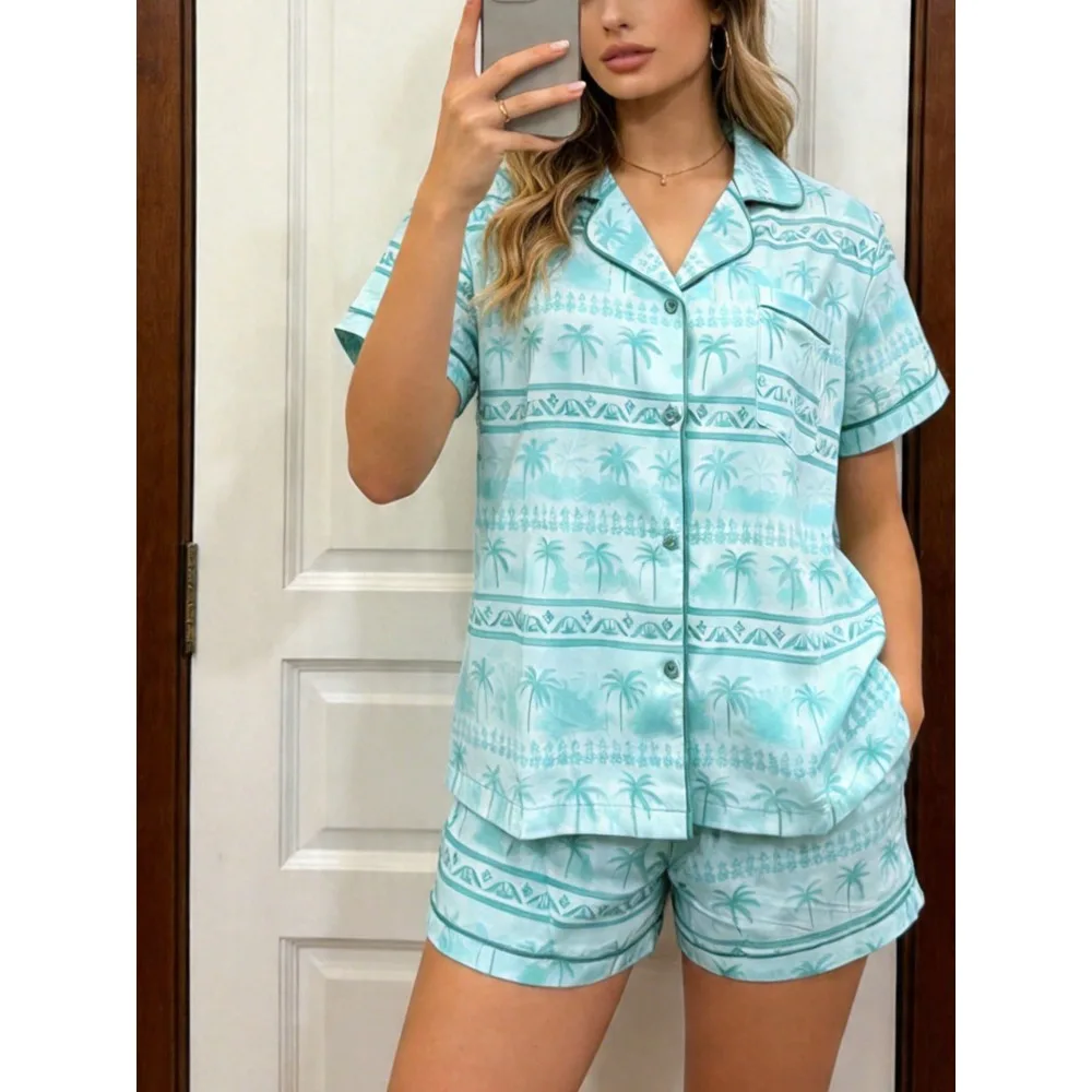 Womens Summer Pajamas Set Coconut Tree Print Short Sleeve Button Down Tops With Shorts Soft Sleepwear Lounge Wear 2 Piece Pjs Set