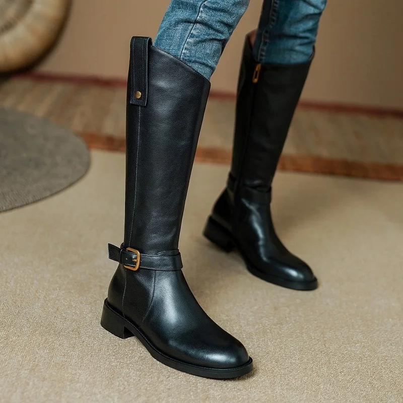 

Women High Boots Real Leather Ladie ShoesWinter Shoes Riding Equestrian Boots Cowhide Mid Calf Spring Autumn Boots Side Zippers