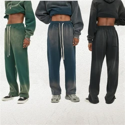 Gradient Spray Painted Sweatpants Unisex Fleece Warm Jogger Pants Three-Pocket Styling Winter Retro Streetwear