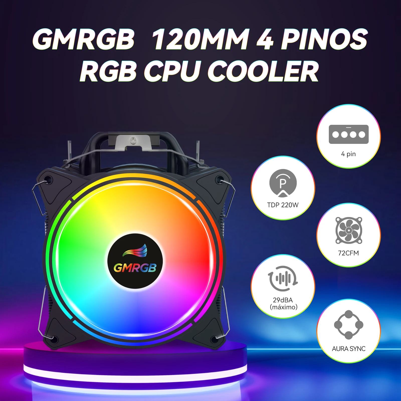 GMRGB 6 Heat Pipes CPU Cooler 4 Pin PWM RGB Silent PC Intel LGA 1700 775 1200 1150 1151 1155 2011/2011-3 X79 X99 AM2 AM3 AM4 CPU Fan Support ARGB AURA SYNC TDP 220W