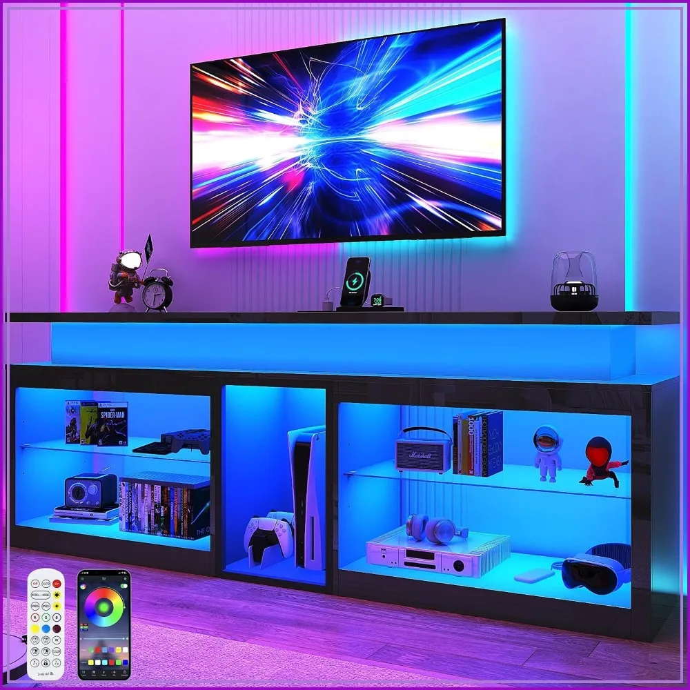 LED TV Stand with Power Outlet, 60-Color Lights for 65-80 inch TVs, Black High Gloss Console