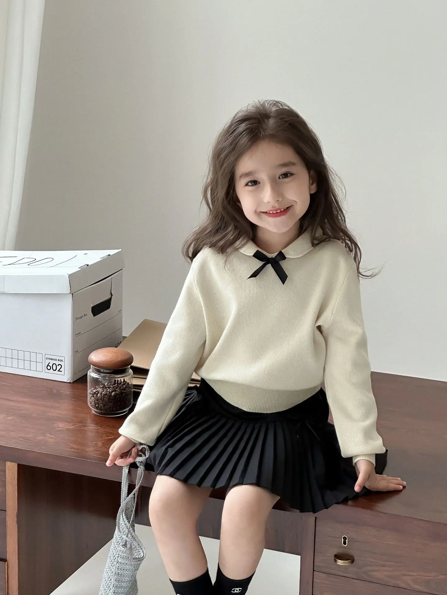 Girl Sweater Autumn Academic 2024 Bow Head Cover Sweater Doll Collar Tops Causal Versatile Childrens Clothing Sweet