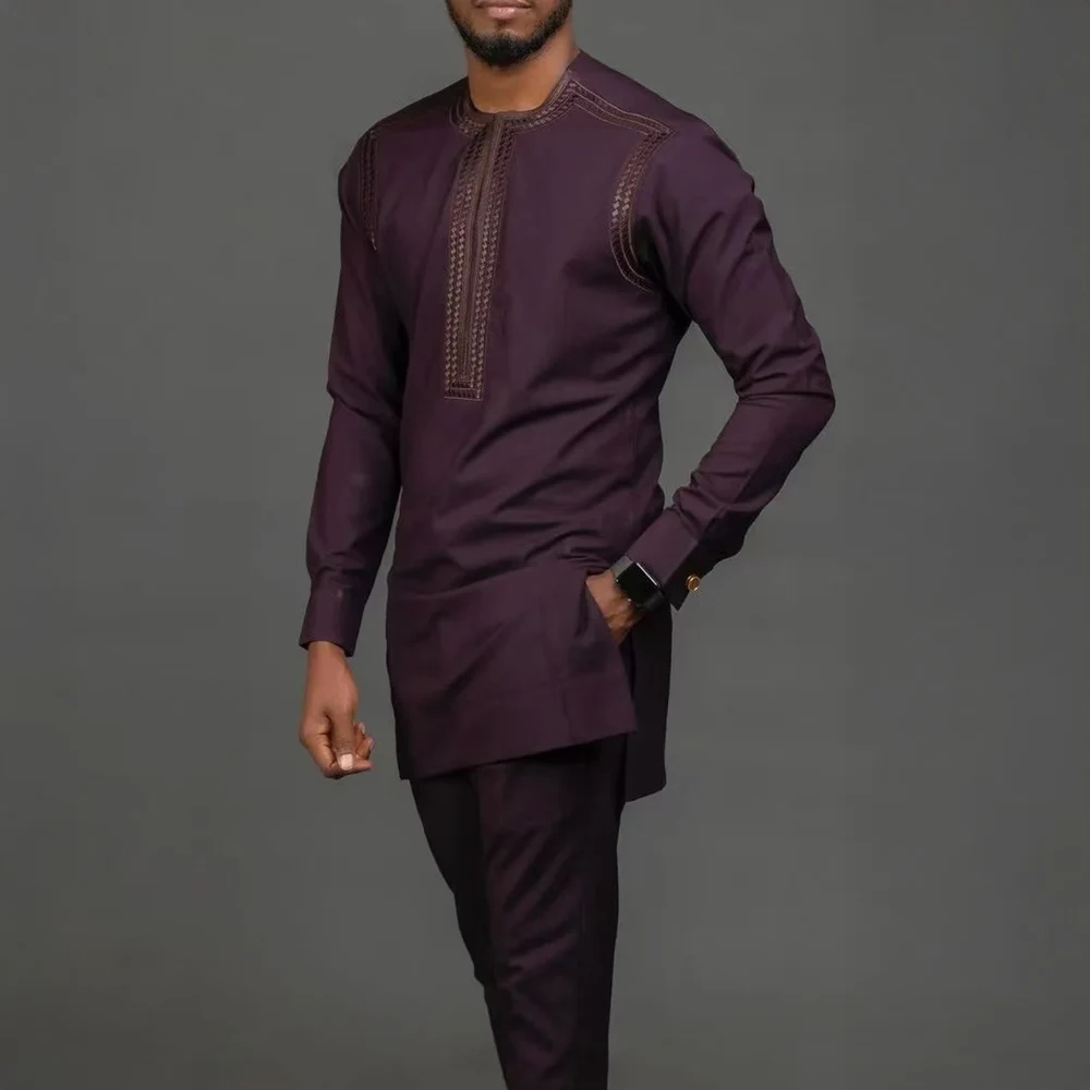 Novo Conjunto de 2 Peças de Roupa Masculina Tradicional Africana de Luxo com Bordado, Traje Completo Elegante, Conjunto de Calças Masculinas para Vestir, Traje Étnico Dashiki Kaftan