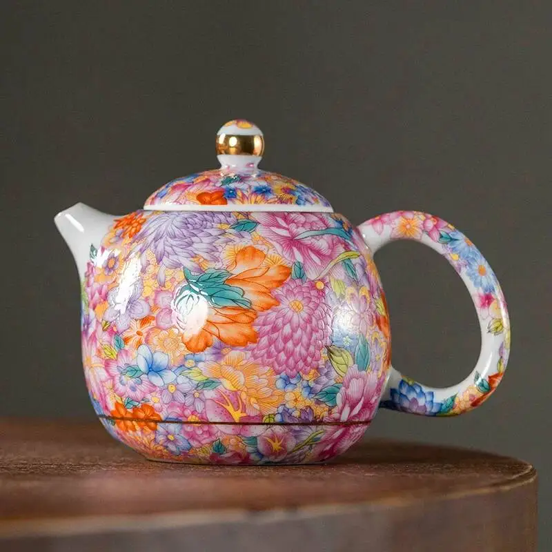 Chinese Style Enamel Ceramic Multi Colored For Home Use Single Pot Full Color Hand Painted Tea Pot
