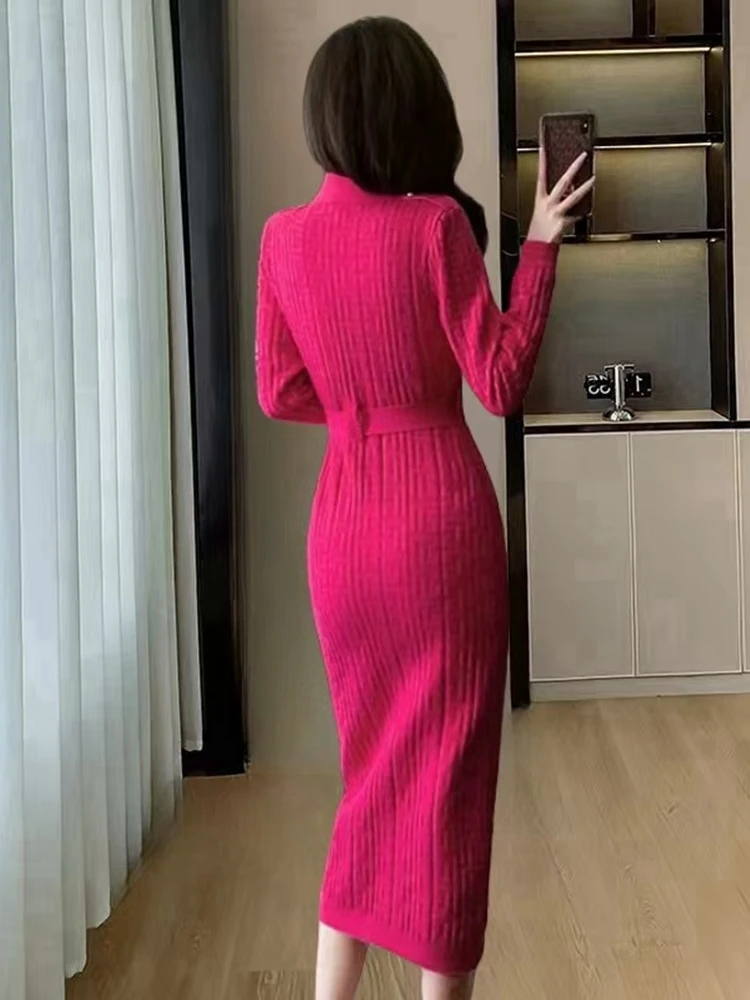 2025 New Spring Autumn Fashion Geometric Jacquard Knitted Dress Women Suit  Collar Long Sleeve Double Breasted Belt Sweater Dress - AliExpress 200000345