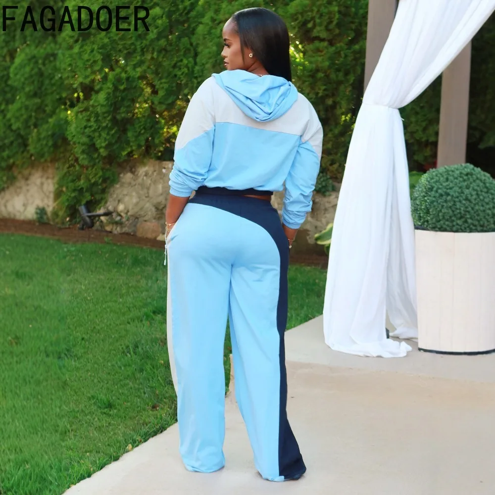 FAGADOER Новый зимний повседневный комплект из 2 предметов с цветными блоками для женщин, укороченный топ с карманами на молнии и брюки в стиле пэчворк, женская уличная одежда