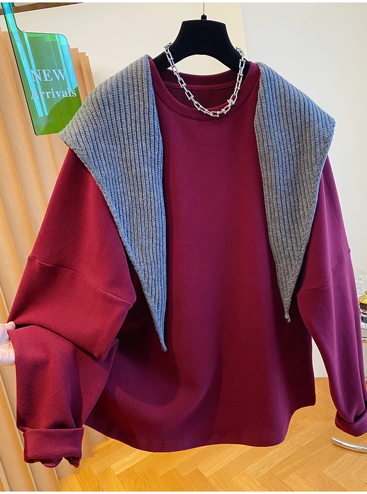 루즈핏 플러스 사이즈 블루 페이스 스웨트셔츠 여성 가을 패션 어깨 드러나는 루즈핏 브루드 탑 한국 버전