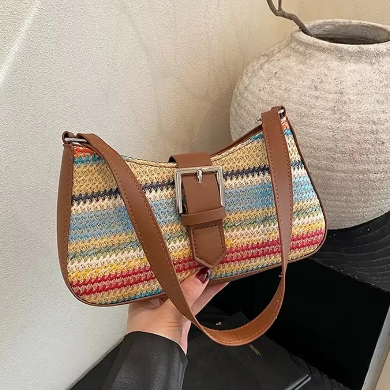 

Women's Straw Woven Bag Fashionable Woven Handbag Large Capacity Rainbow Shoulder Bag Zipper Sealed Handmade Bohemian Armpit Bag