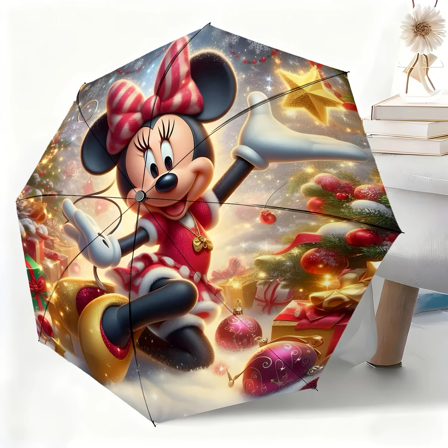 

1pc Disney Minnie Mouse Christmas Joy Print Automatic Umbrella, All-Weather Umbrella Suitable for All Occasions, Portable Fold