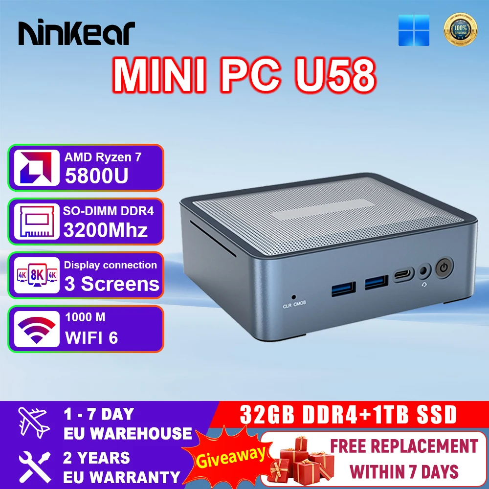 Ninkear U58 MINI PC AMD Ryzen 7 5800U 8 Cores up to 4.4GHz 32GB DDR4 + 1TB SSD WiFi 6 BT5.2 Powerful Cooling Fan Three Screen 4K