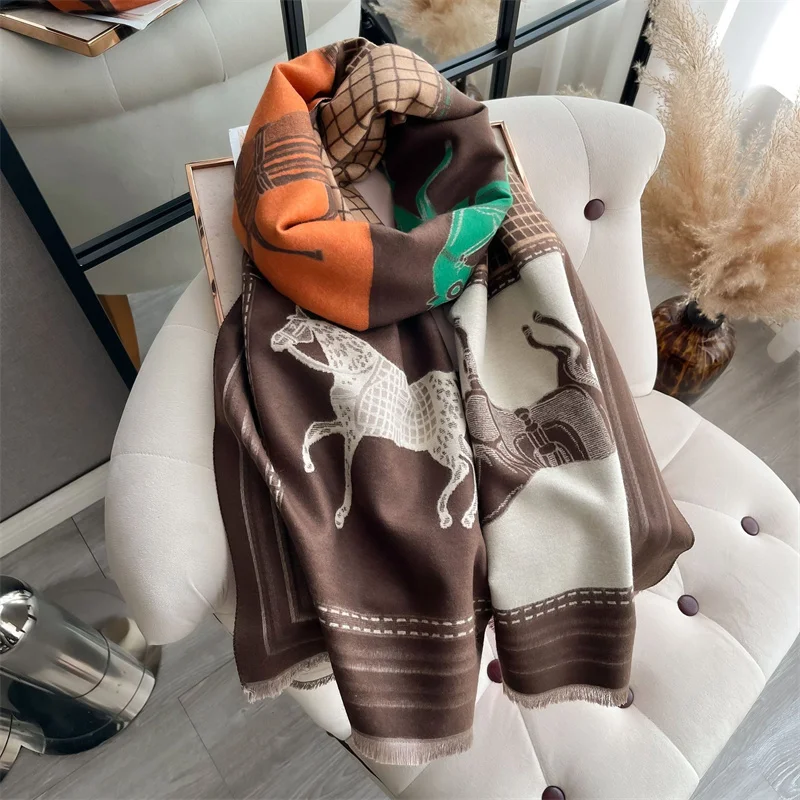 2024 Luxus Pferd Print Schal für Frauen Wärmer Winter Kaschmir Pashmina Schals Schals Weibliche Dicke Decke Wraps Foulard – Detail 13