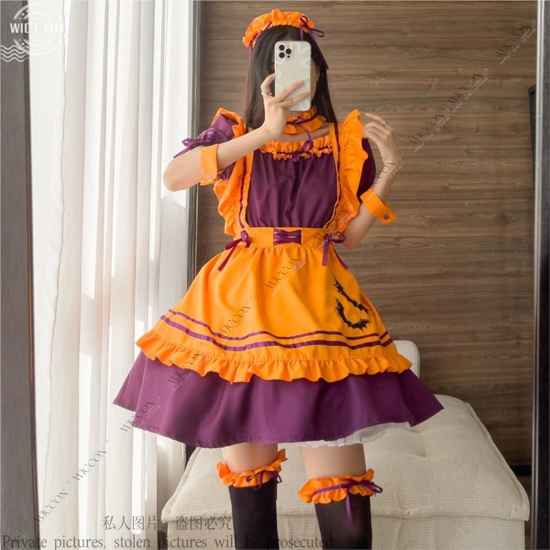 Halloween Maid Cosplay Costume Dress Apron Headwear Sleeve Necklet Legwear Woman Adult Kid Maid Uniform Role Play Stage Costume