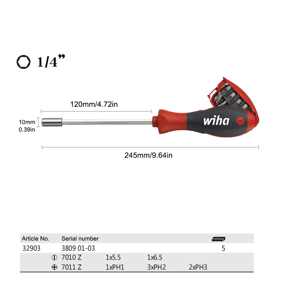 WIHA 32903 Screwdriver Set with 8 Bits Magazine SL/PH Magnetic Screwdriver