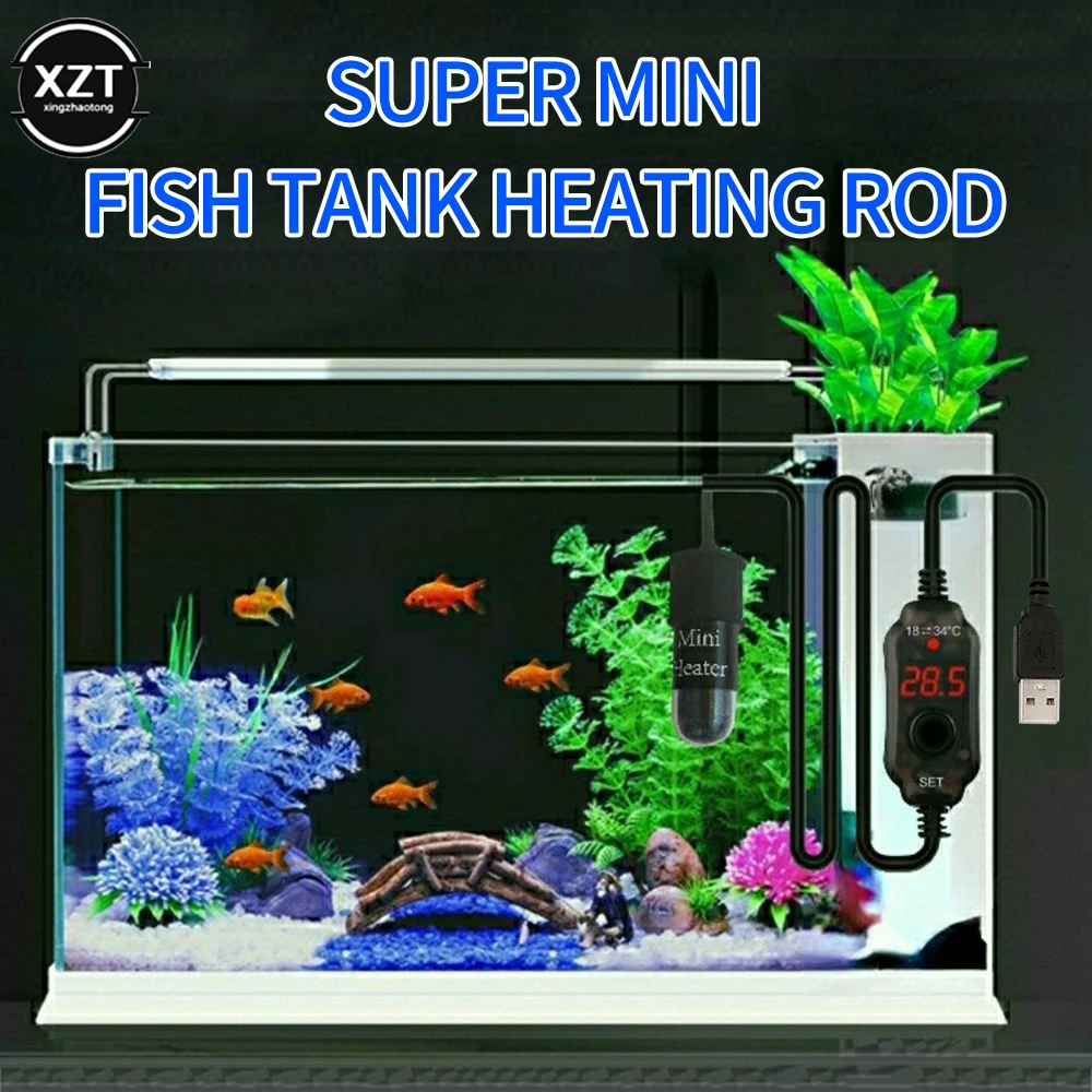 Mini Aquarium heating rod Fish Tank Aquarium Heater Submersible Thermostat Heater 18-34°C Adjustable Temperature USB Charging