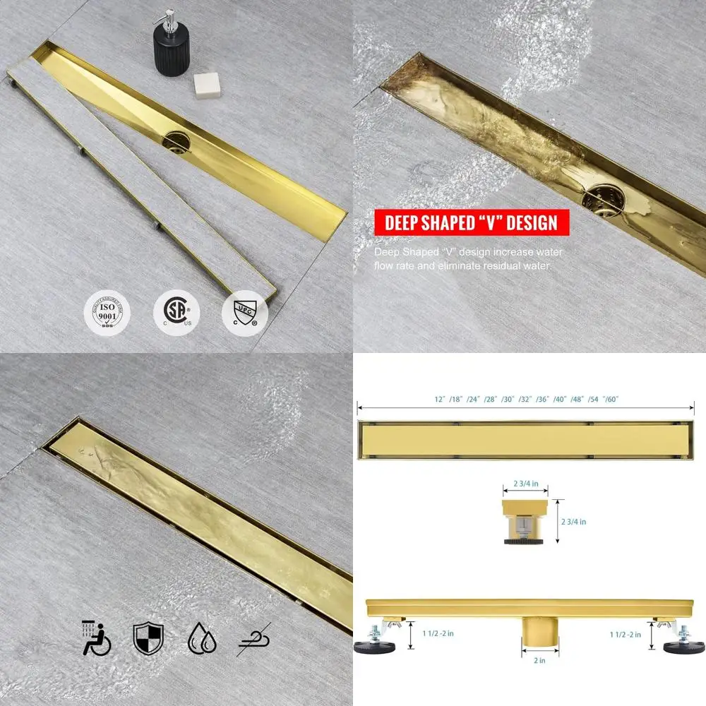 

30-дюймовый линейный душевой трап из матовой золотистой нержавеющей стали с вставкой для плитки 2-в-1, сеткой для волос и регулируемыми ножками
