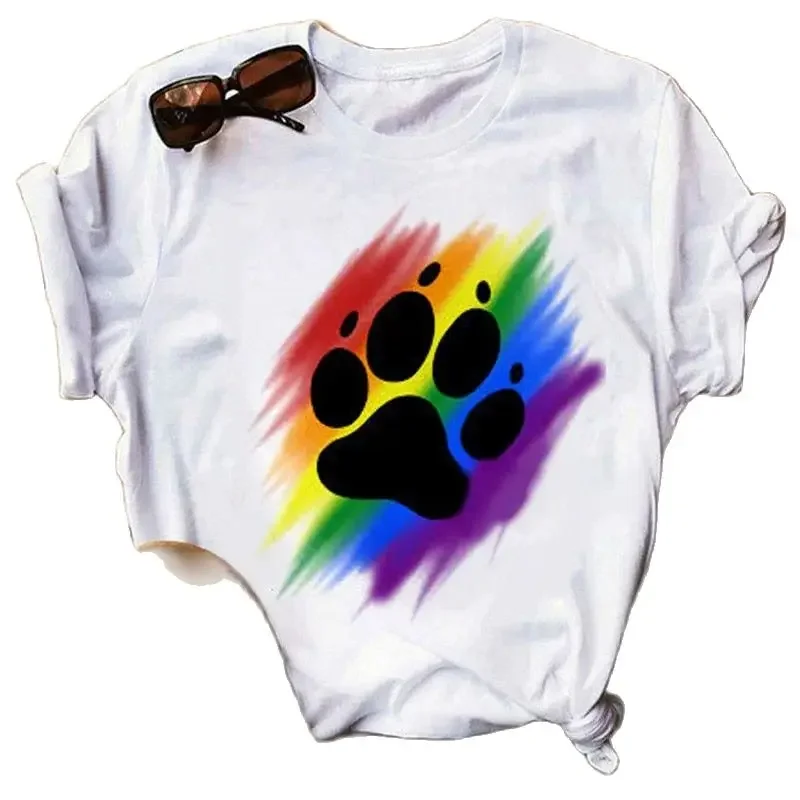 Red Heart Dog Paw Print T Shirt  New Summer Cartoon Dog Paw Print Tshirt with Short Sleeves Graphic Aesthetic  Kawaii Clothes