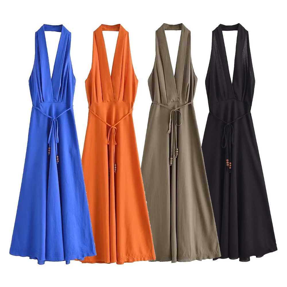 UNIZERA2024 Summer New Women\'s Fashion Style Sexy Open Back Waist Linen Blended Hanging Neck Solid Color Dress