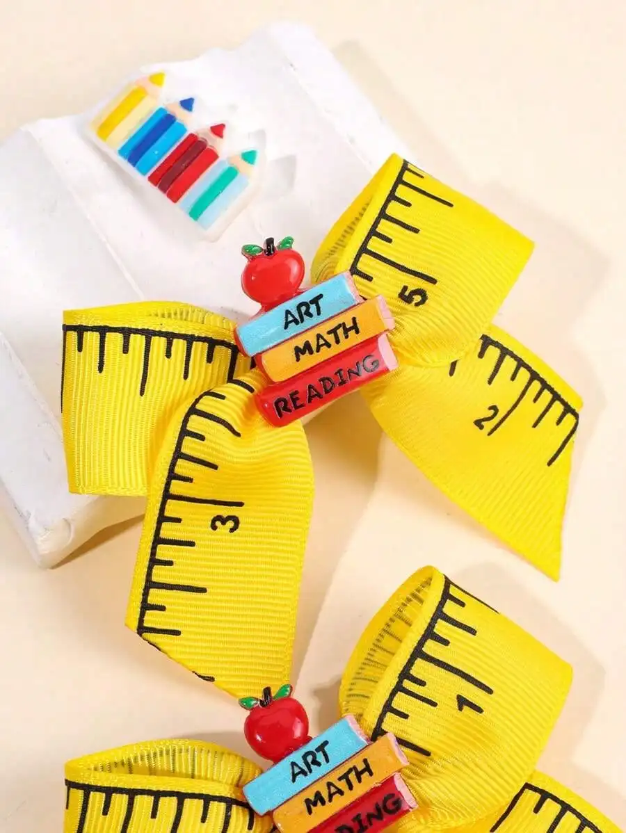 

2Pcs Girls Back To School Hair Bow Clips Yellow Ruler Ribbon Barrettes With Book & Apple Charm