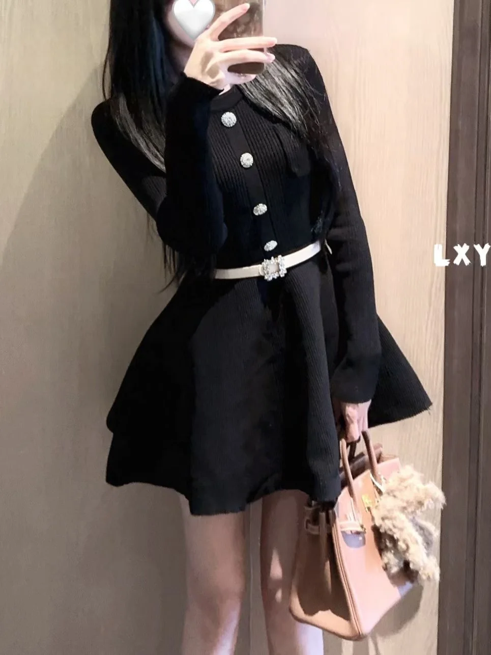 

LXYG French Style High Waist Puffy Knitted Dress Women's Autumn Winter New round Neck Dress Skin-friendly Breathable Long Sleeve