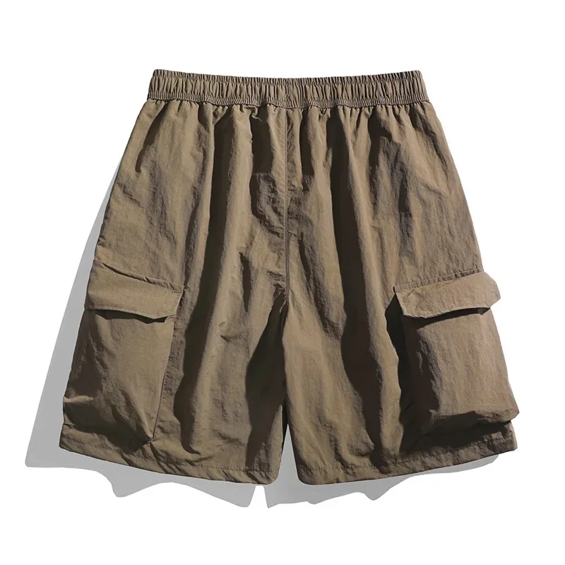 Ice Silk Cargo Shorts Summer New Fashion Men's Thin Solid Color Casual Trendy Knee Length Drawstring Multi Pocket Shorts Male