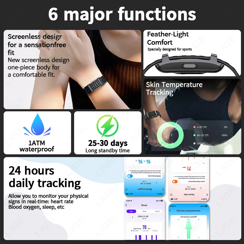 LIGE New Smart Wristband Message Reminder Smart Bracelet Heart Rate HRV Temperature Monitoring Smart Watch Waterproof Sport Band