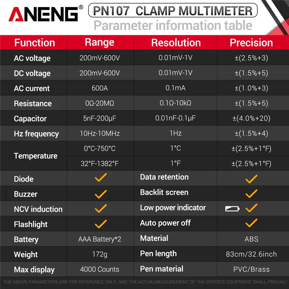 ANENG PN107 Digital Clamp Meter 600A AC Current Tester Voltmeter Ammeter NCV Diode with Temperature Frequency Professional Tool