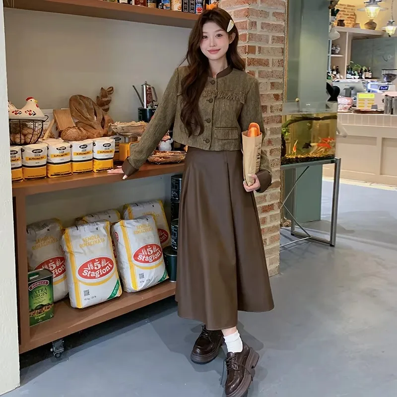 2025 New Spring Autumn Retro Jacket + PU Leather Skirt Women Fragrant Tassels Contrast Color Coat Solid Long Skirt Two Piece Set