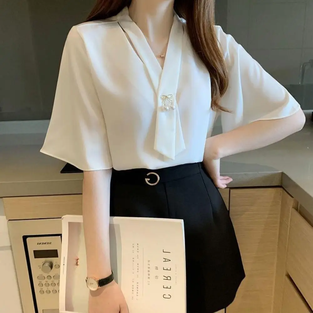 Blusa Elegante de Cor Sólida com Laço, Manga Longa Solta, Chiffon Profissional para Mulheres, Combina com Tudo, Primavera e Outono